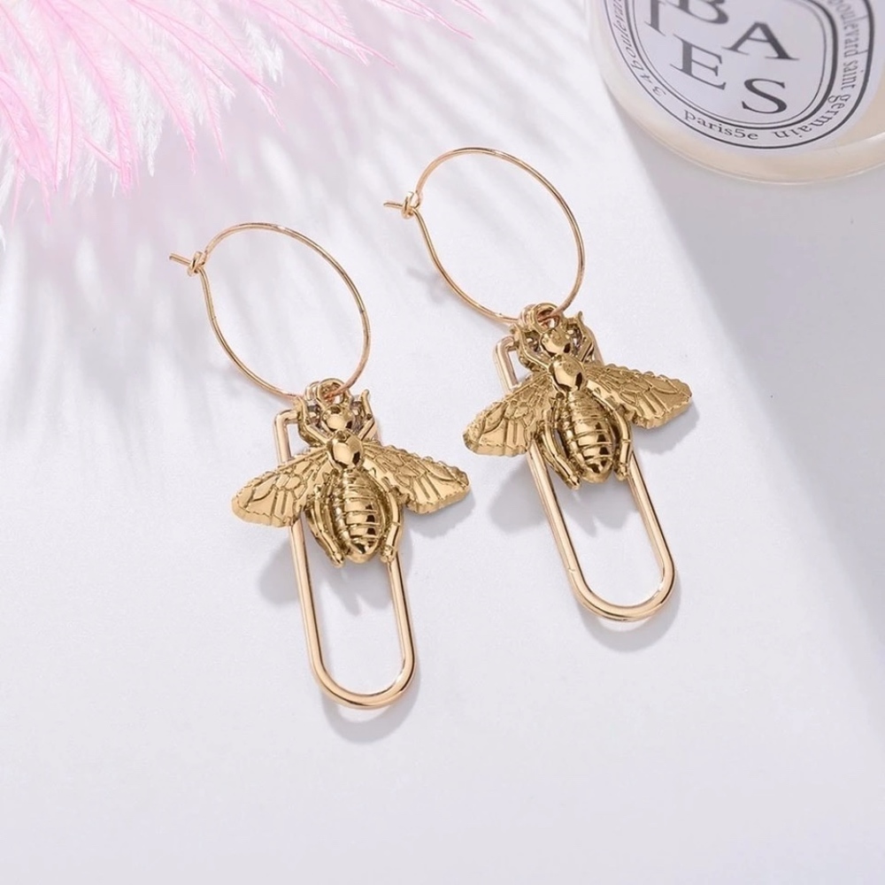 Queen Bee Drop Hoop Gold Detail Earrings - Picture 4 of 7